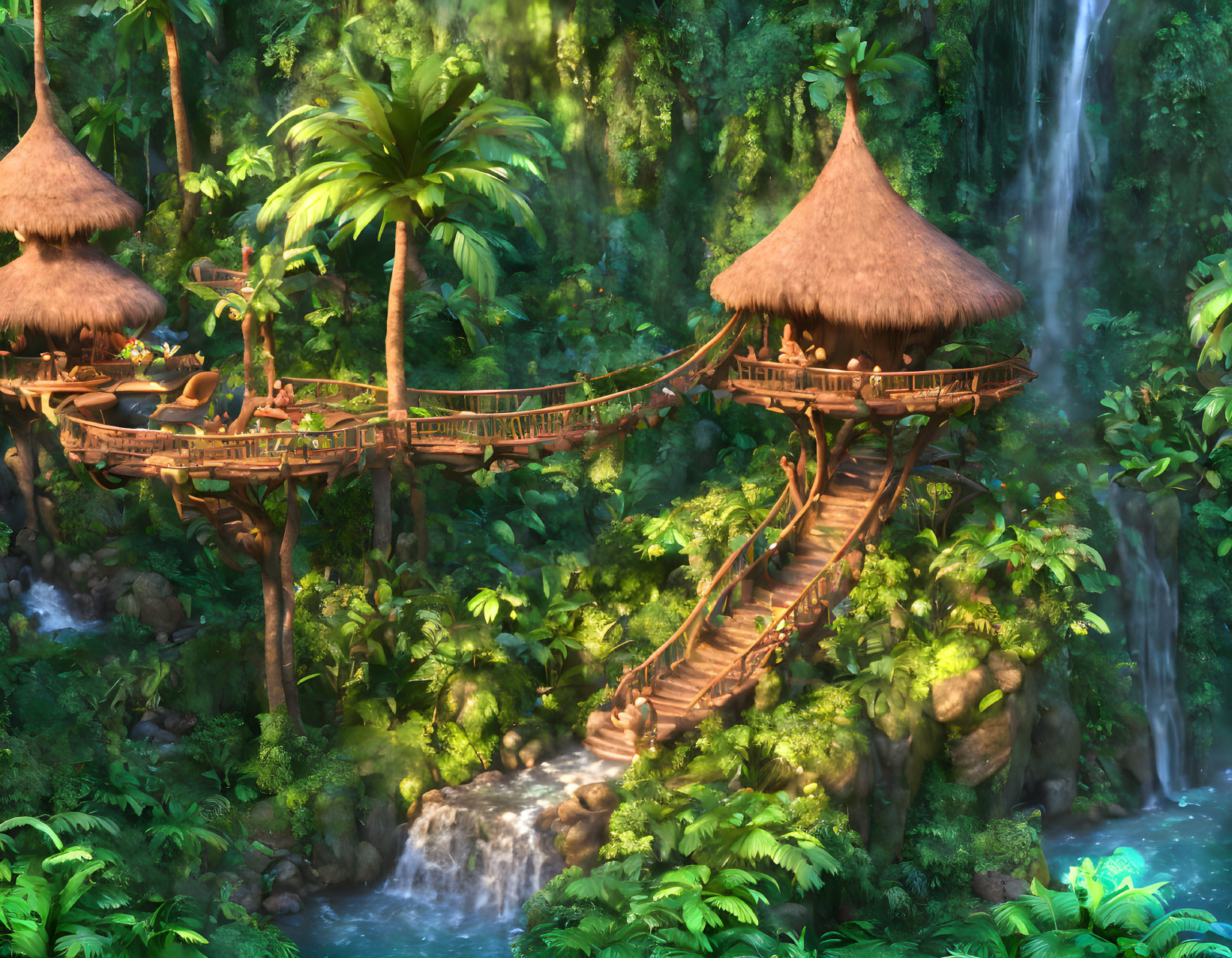 Lush Jungle Scene with Waterfalls and Wooden Bridges