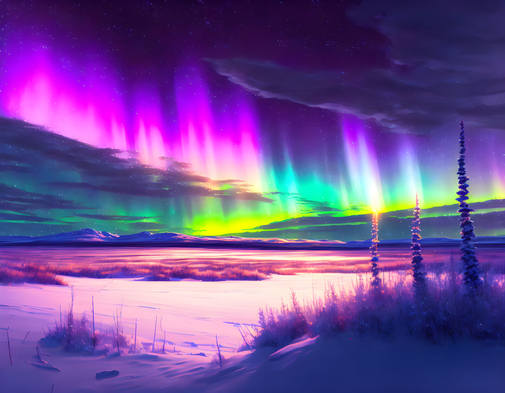 Stunning aurora borealis over snowy landscape at dusk