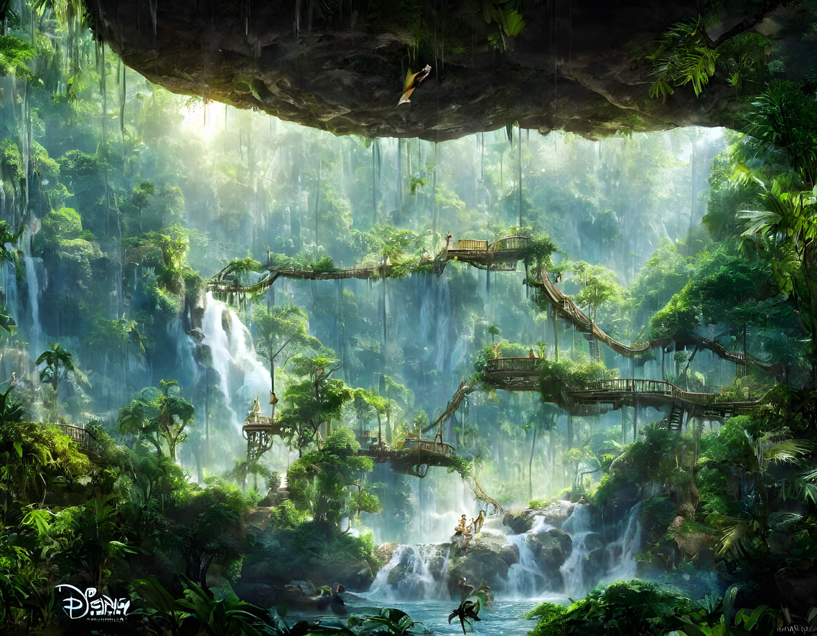 Lush jungle with waterfalls and hanging bridges under Disney logo