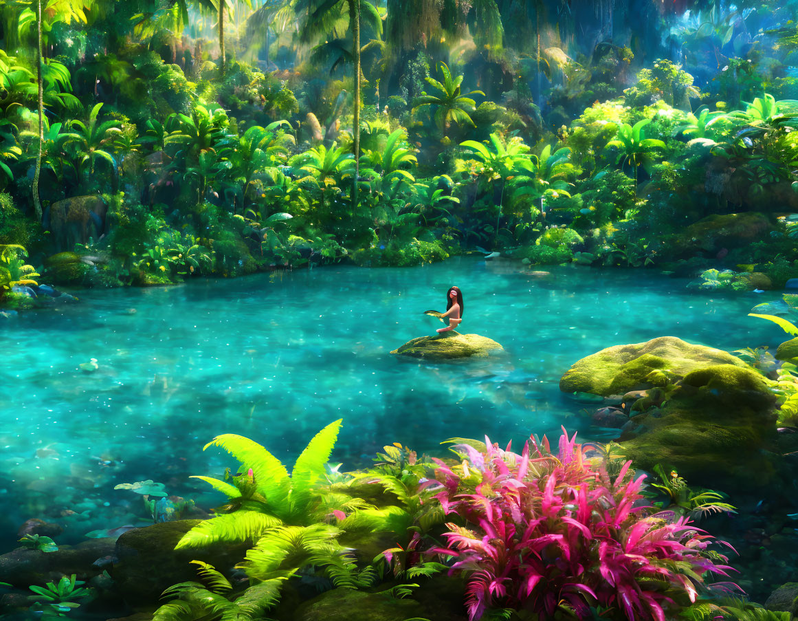 Tranquil person sitting in lush tropical forest by sparkling water