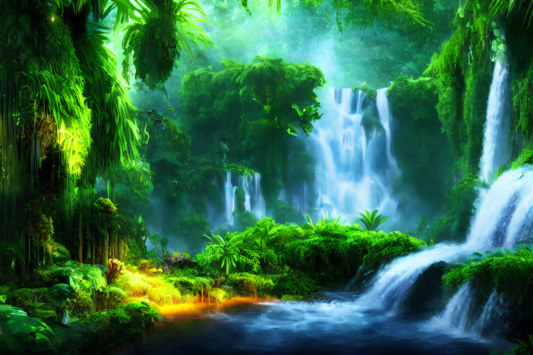 Tropical Forest with Waterfall, Vibrant Foliage, and Misty Waters