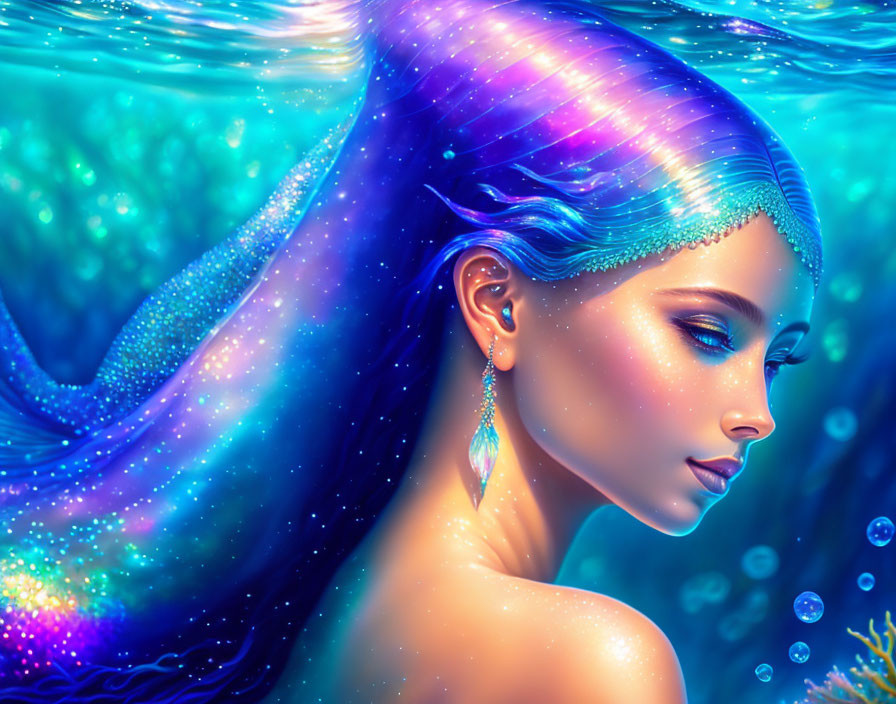 Fantasy mermaid digital art with galaxy hair underwater