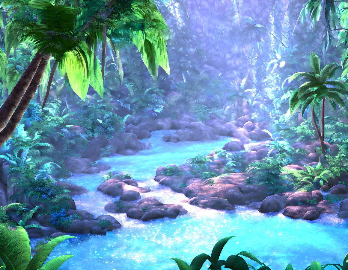 Tranquil forest scene with stream, rocks, lush green foliage, and palm trees