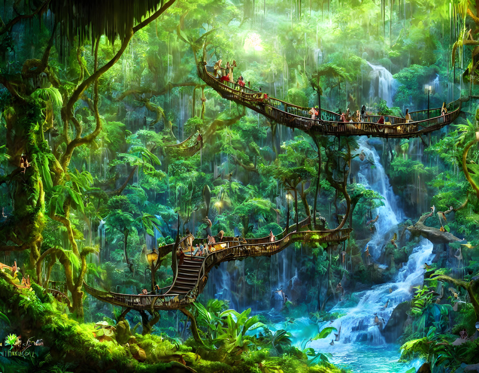 Lush forest scene with waterfalls, rope bridges, and sunlight.