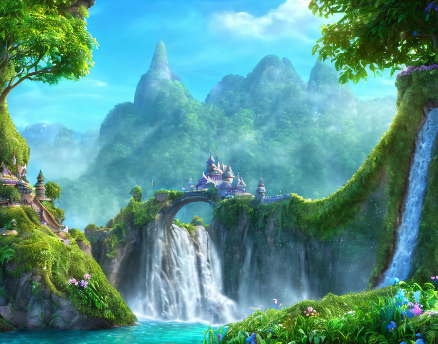 Fantasy landscape with waterfall, bridge, castle, mountains