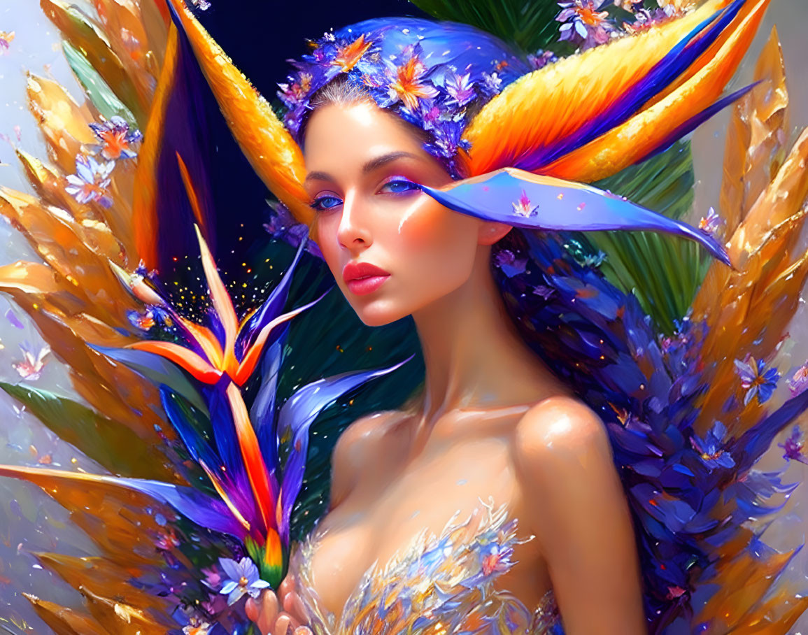 Fantasy portrait of woman with bird-like features and vibrant floral adornments