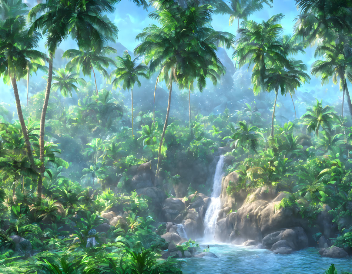 Tropical jungle scene with waterfall, pool, and lush foliage