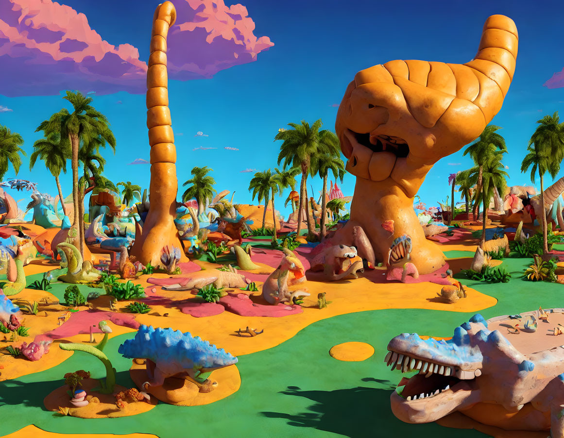 Colorful Cartoonish Landscape with Dinosaur Sculptures and Palm Trees