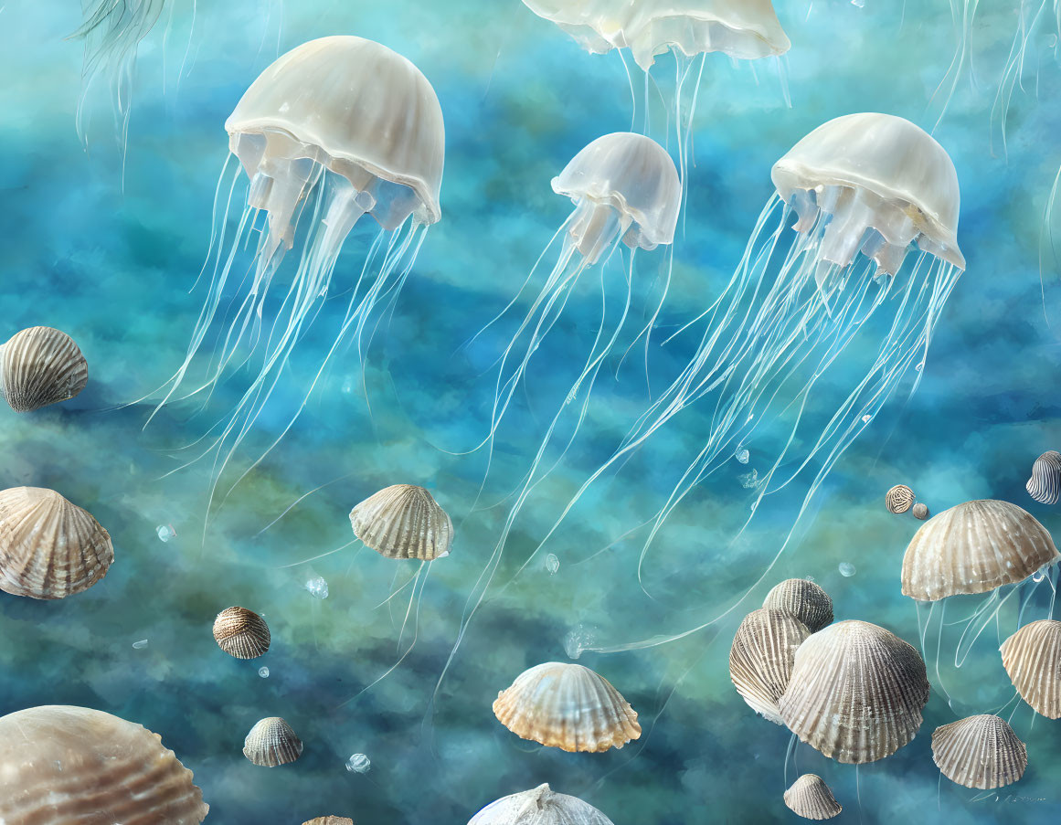 Graceful jellyfish in tranquil blue ocean with scattered seashells on sandy sea floor