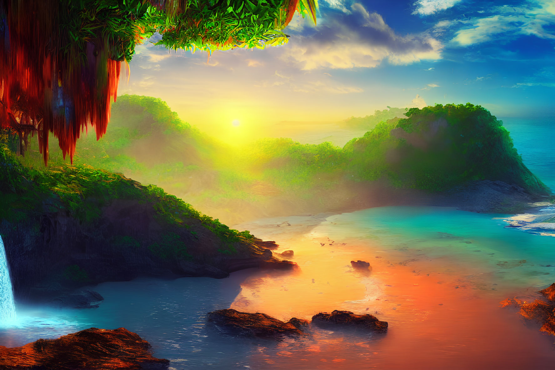 Tropical Cove Sunrise with Waterfall and Lush Vegetation