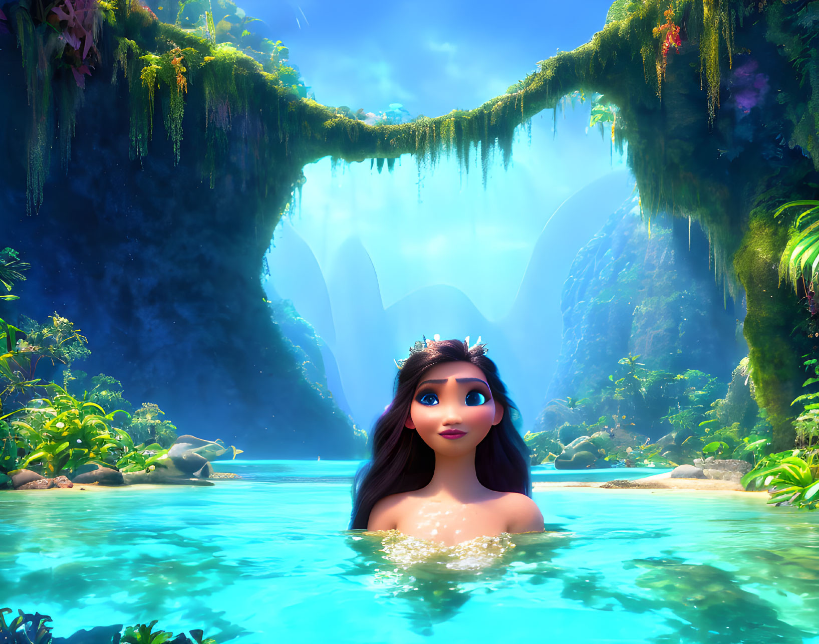 Long-haired animated character in serene water setting with lush greenery and waterfall.