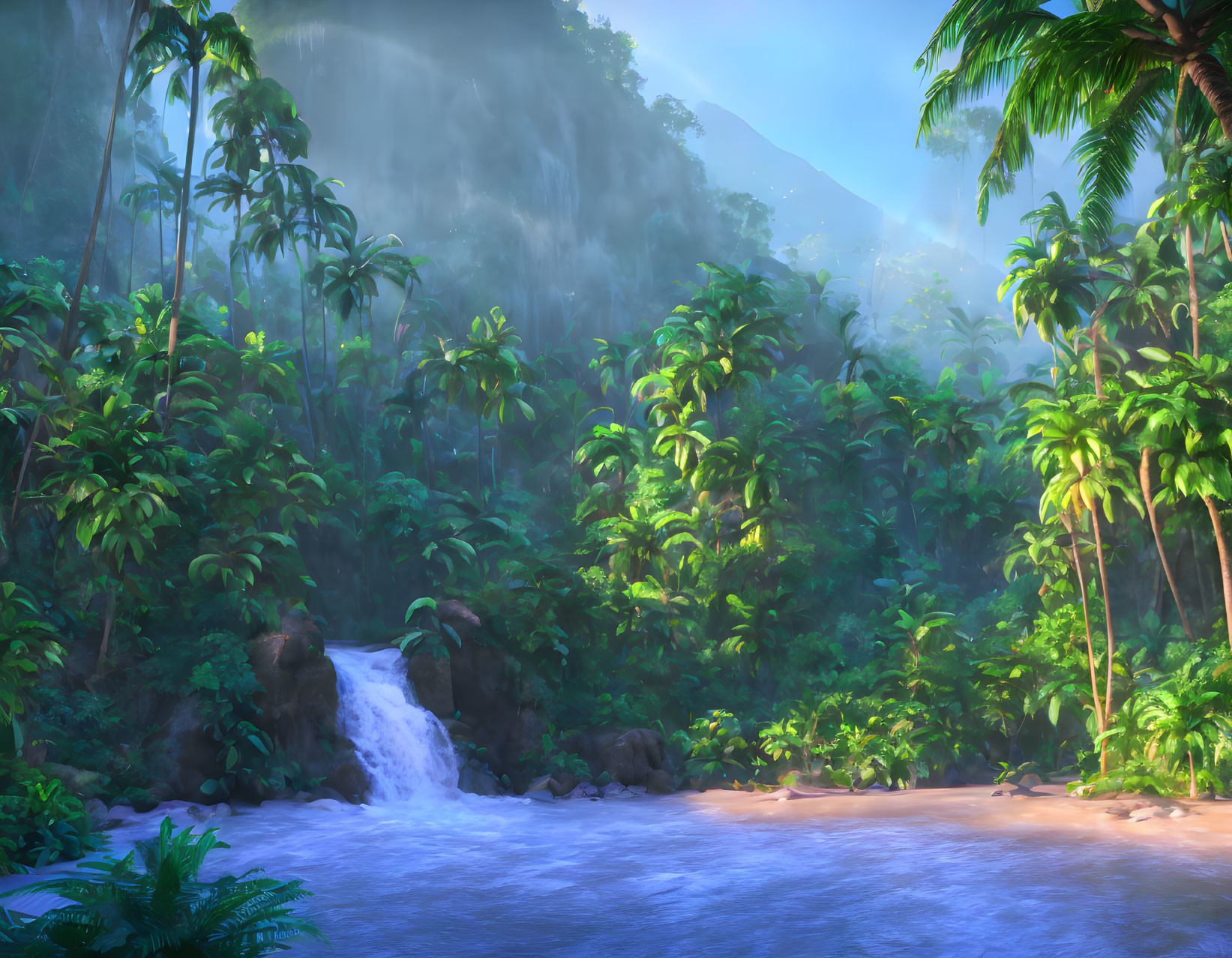 Tranquil waterfall in lush rainforest setting