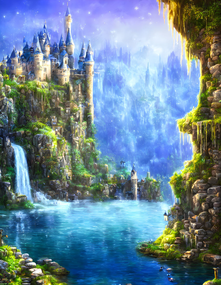 Majestic castles, waterfalls, and serene lake in fantasy landscape