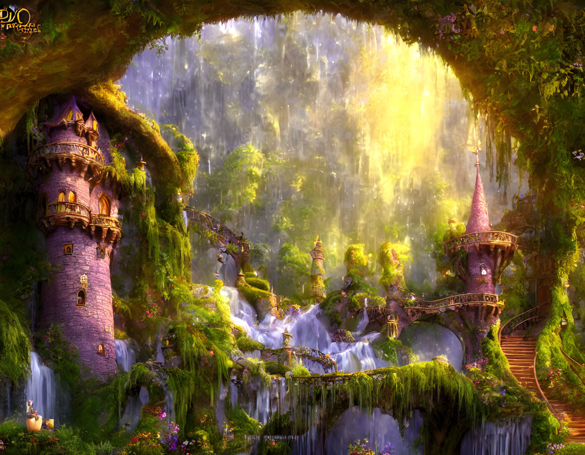 Fantasy landscape with waterfall, towers, bridges, and glowing foliage