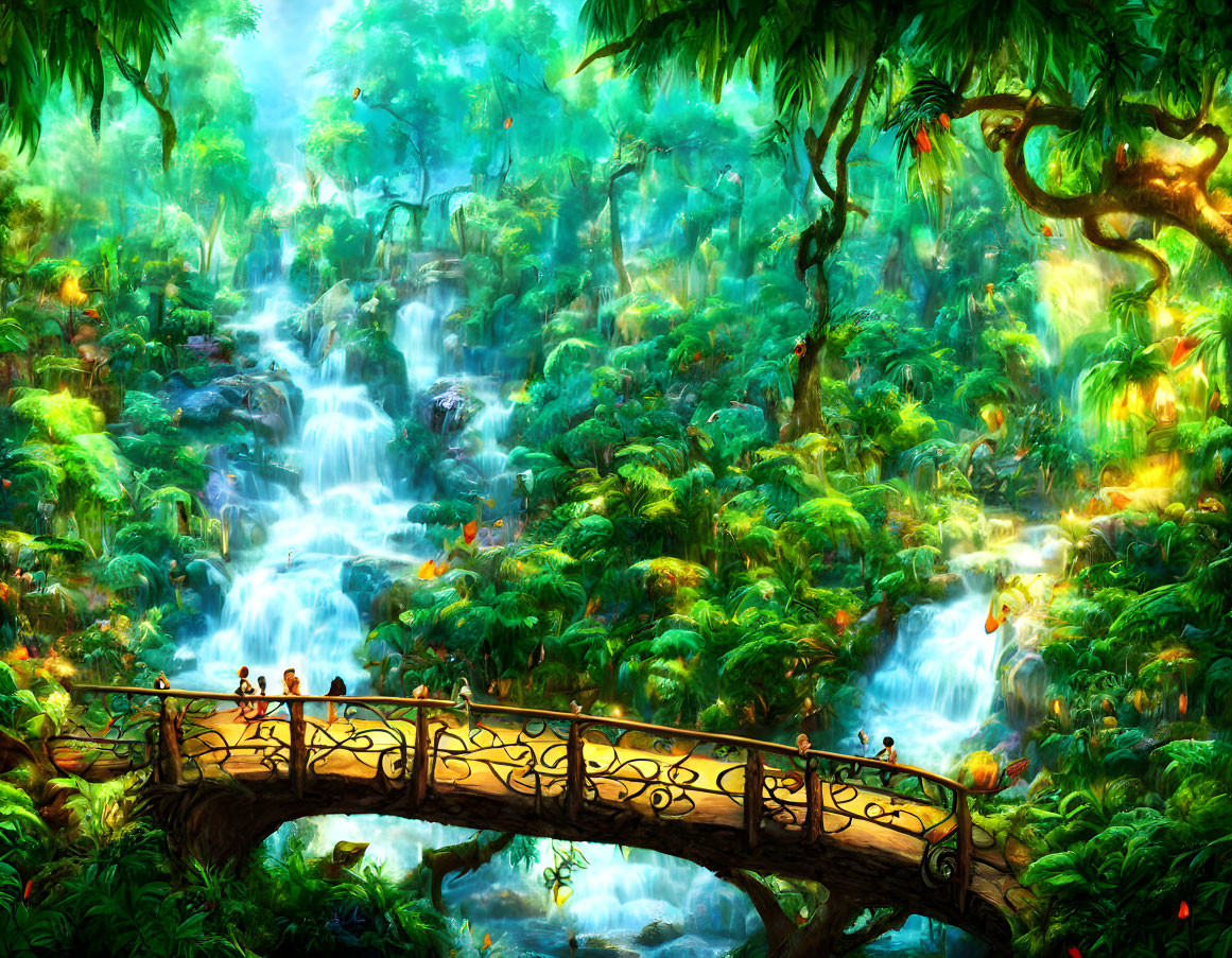 Lush greenery, waterfalls, vibrant canopy, and bridge with figures admiring scene