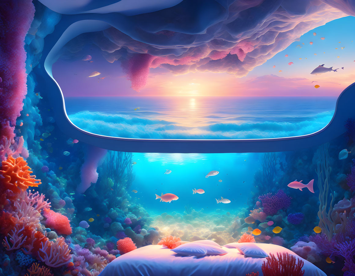 Colorful coral, fish, and sunset in vibrant underwater scene