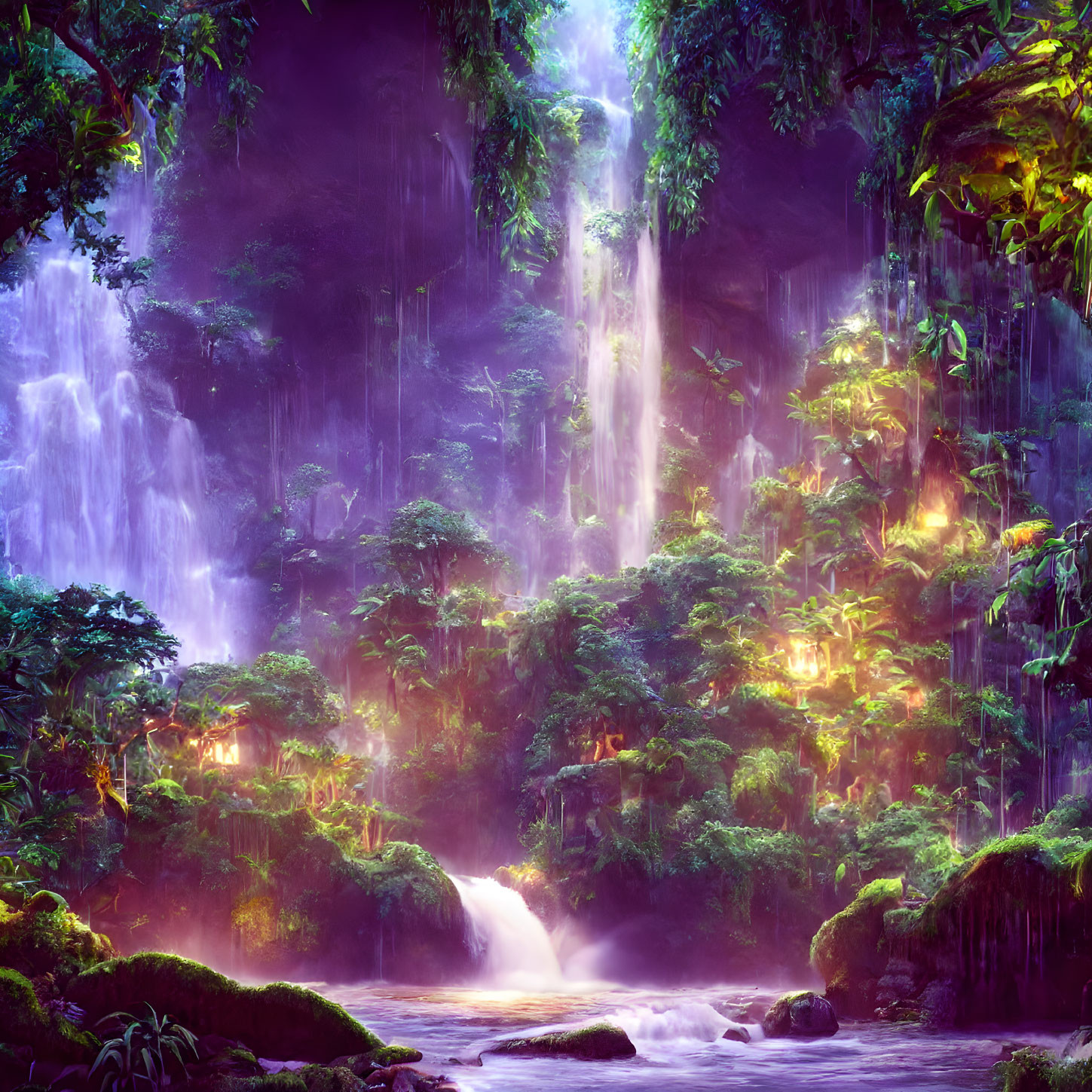 Ethereal forest scene with mystical waterfall and serene blue glow