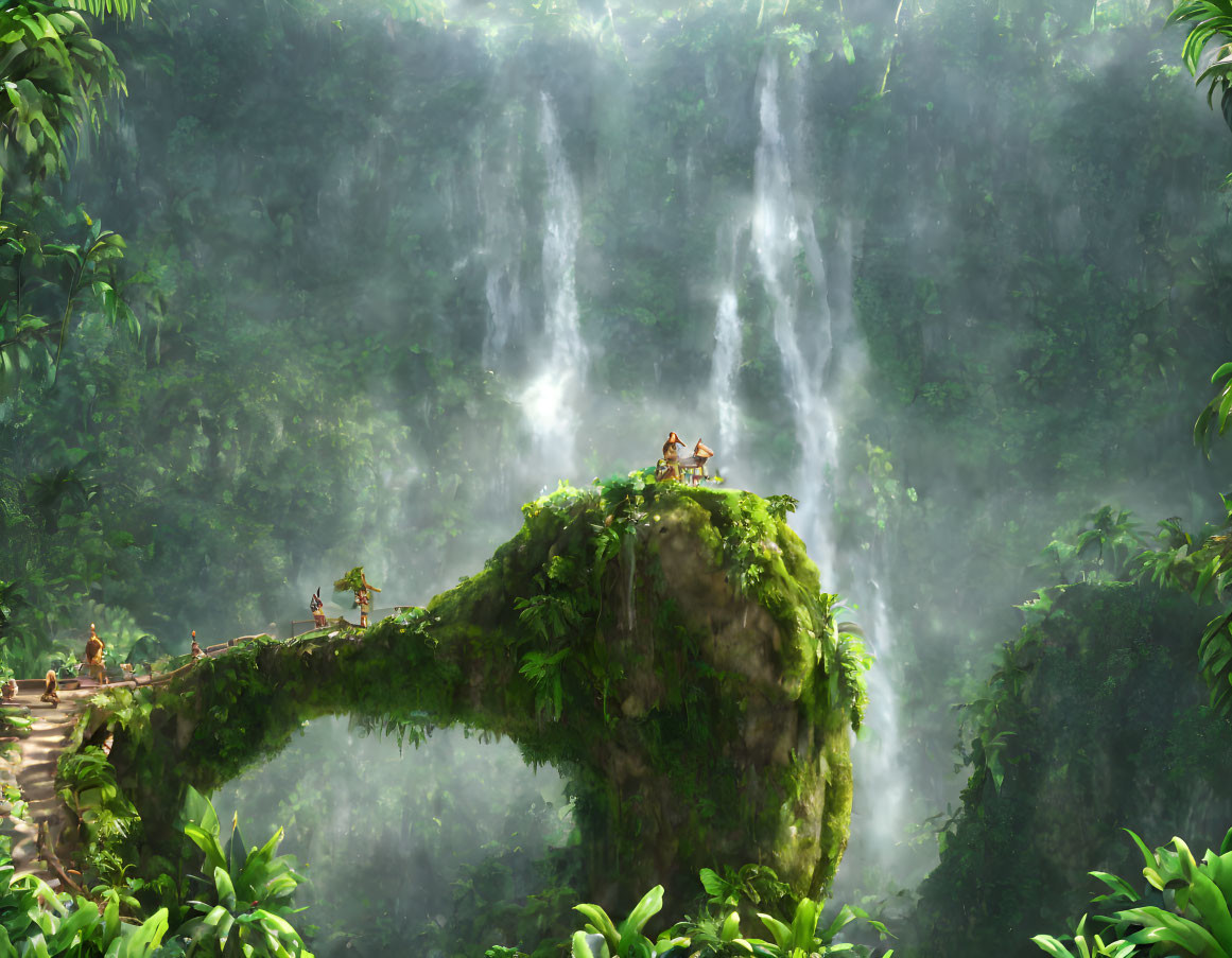 Scenic green landscape with waterfalls, cliff, and rope bridge