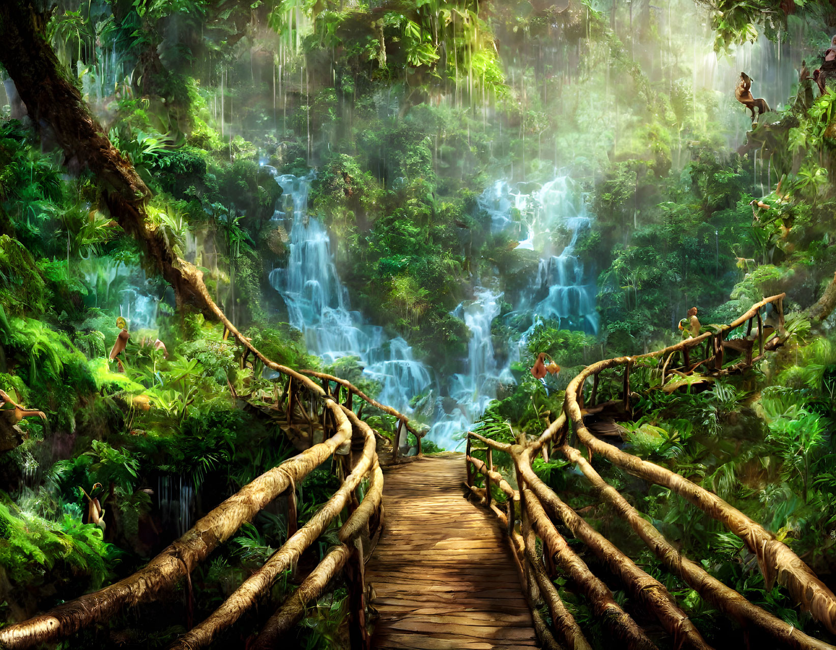 Wooden Bridge Crossing Verdant Jungle with Waterfalls and Sunlight Shafts