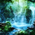 Serene forest with waterfalls, greenery, and blue stream