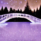 Snow-covered bridge over frozen water under twilight sky.