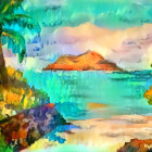 Tropical beach scene with palm trees, ocean, mountains, and sunset