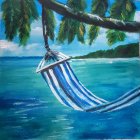 Blue and White Striped Hammock Between Palm Trees by Tranquil Ocean