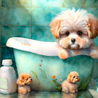 Three adorable puppies in bathtub scene with soap and bubbles in watercolor style