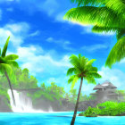 Scenic tropical beach with palm trees, waterfall, rocks, and birds