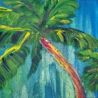 Tropical waterfall scene with tall palm trees and lush greenery