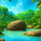 Vibrant tropical forest with blue river, boulders, and rainbow