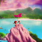 Animated children with red flag on cliff in vibrant fantasy landscape