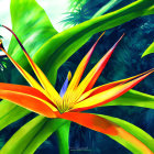 Colorful Bird-of-Paradise Flower Amid Lush Jungle Foliage