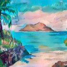 Tropical Seascape with Beach, Palm Trees, and Mountains