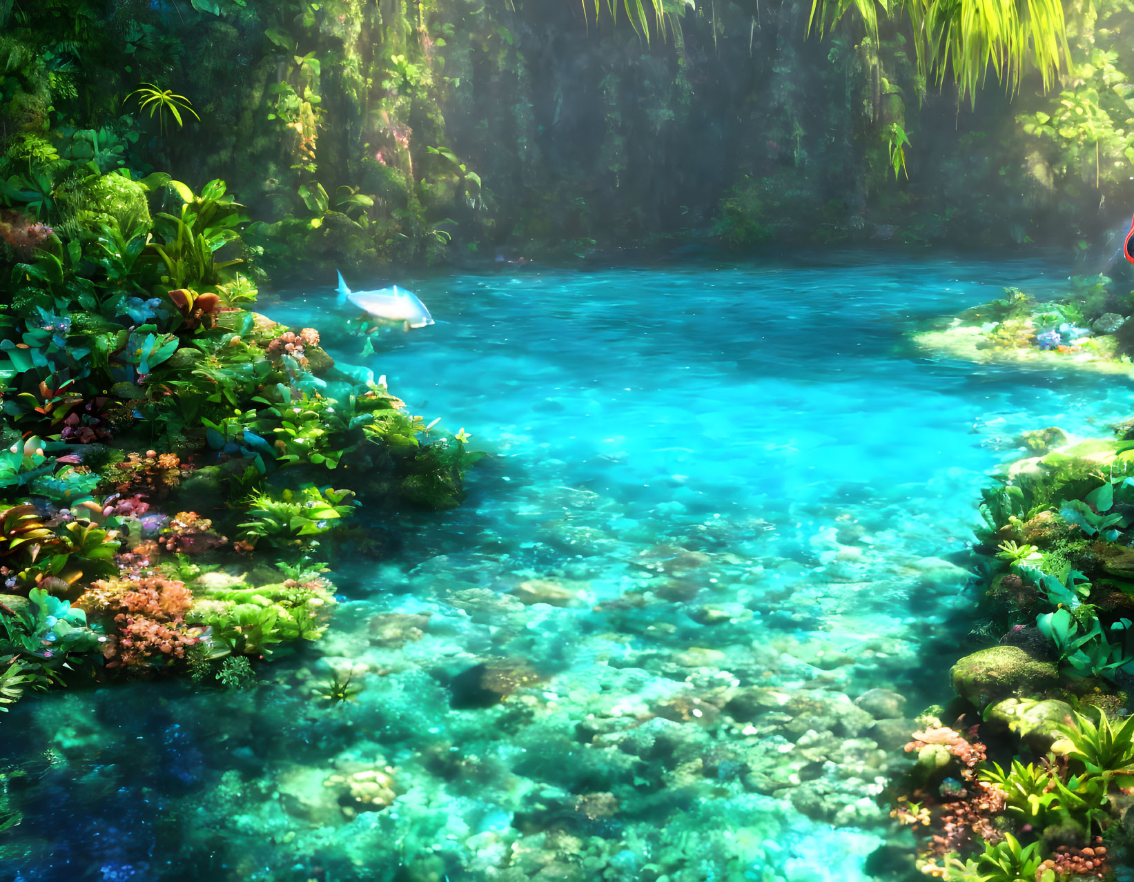 Tranquil tropical lagoon with clear blue water & lush greenery