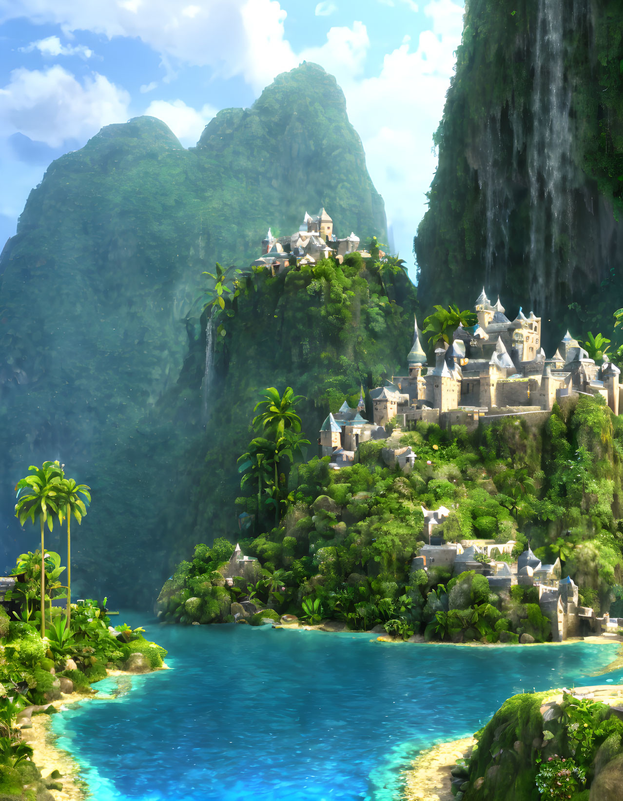 Majestic castle on lush cliffs above serene lagoon