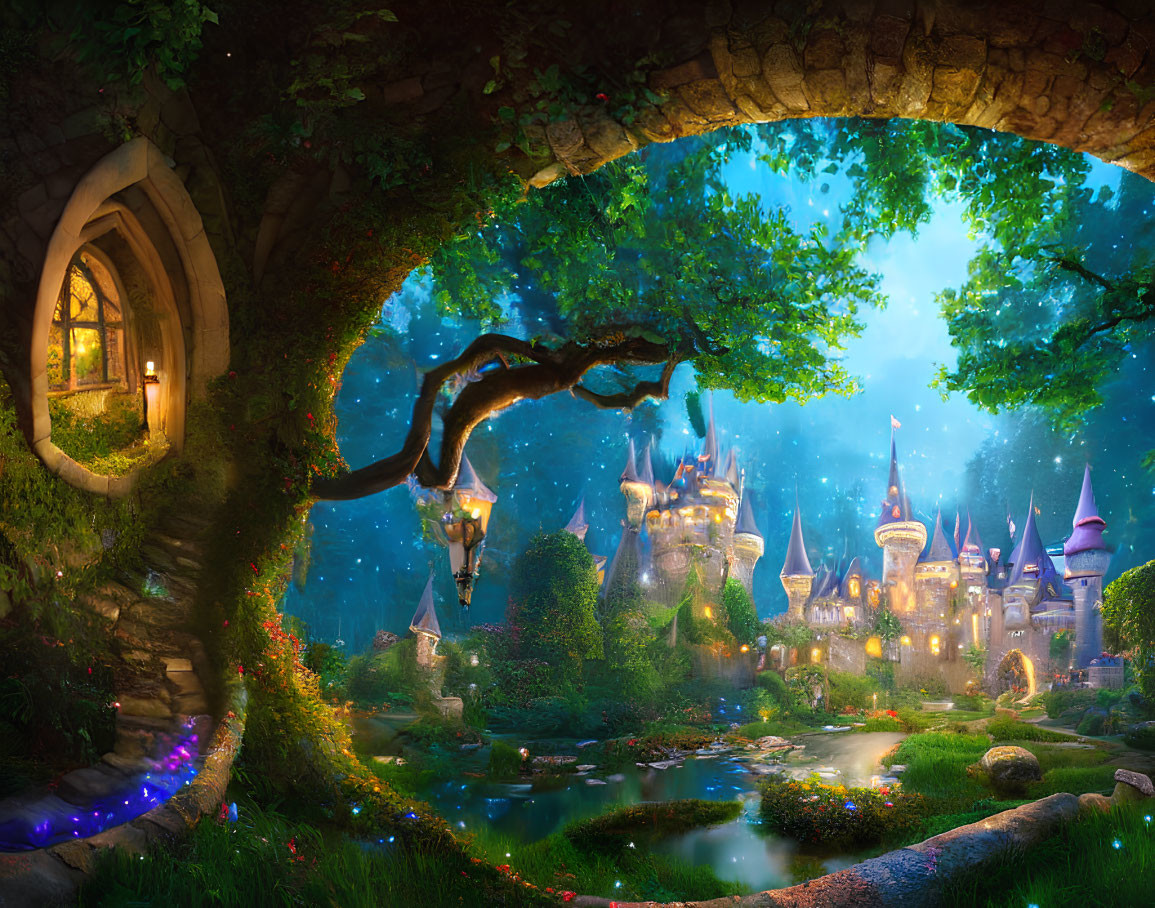 Fantasy landscape at dusk: glowing castle, stone bridge, lit window