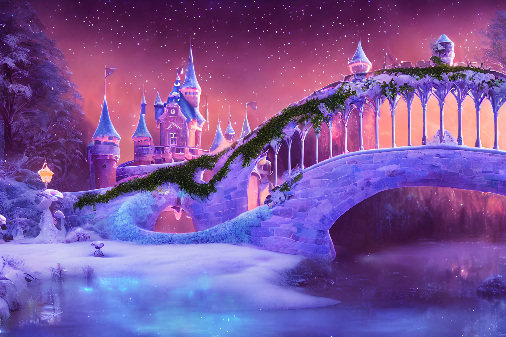 Enchanting fairytale castle scene with snowy bridge and starry sky