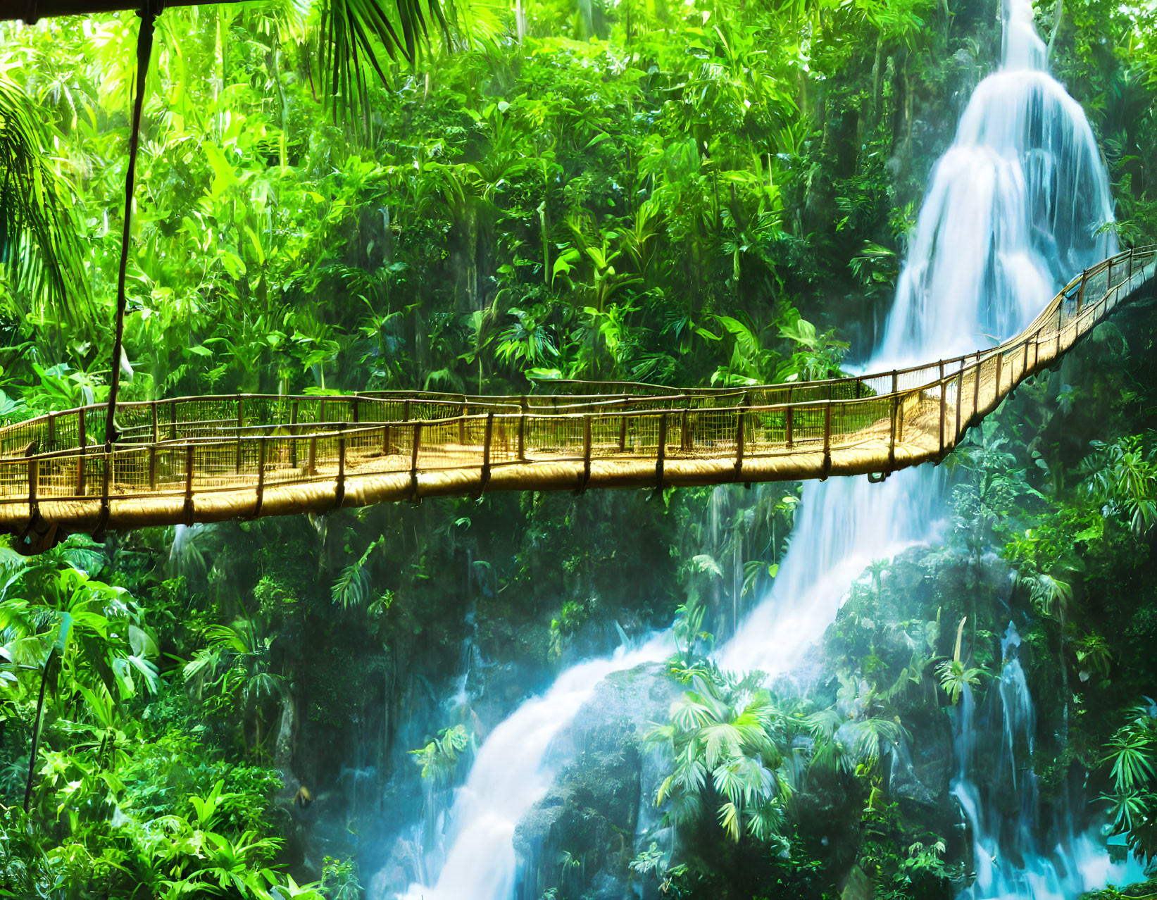 Tranquil waterfall in lush setting with rustic bridge