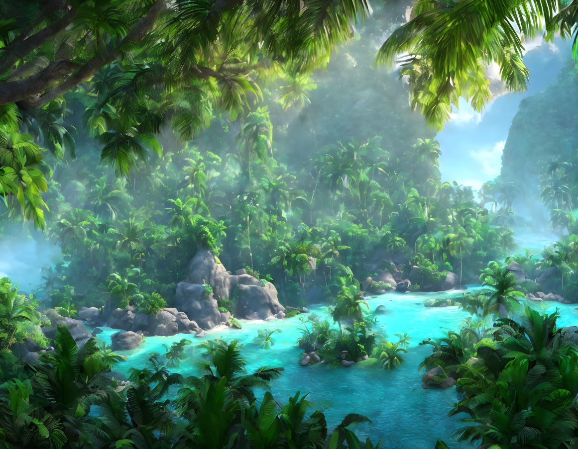 Vibrant green foliage in lush tropical forest with serene blue river