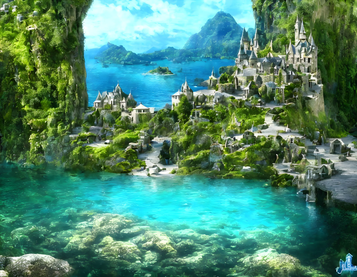 Stone houses, castle, cliffs, greenery, blue lagoon in fantasy coastal village