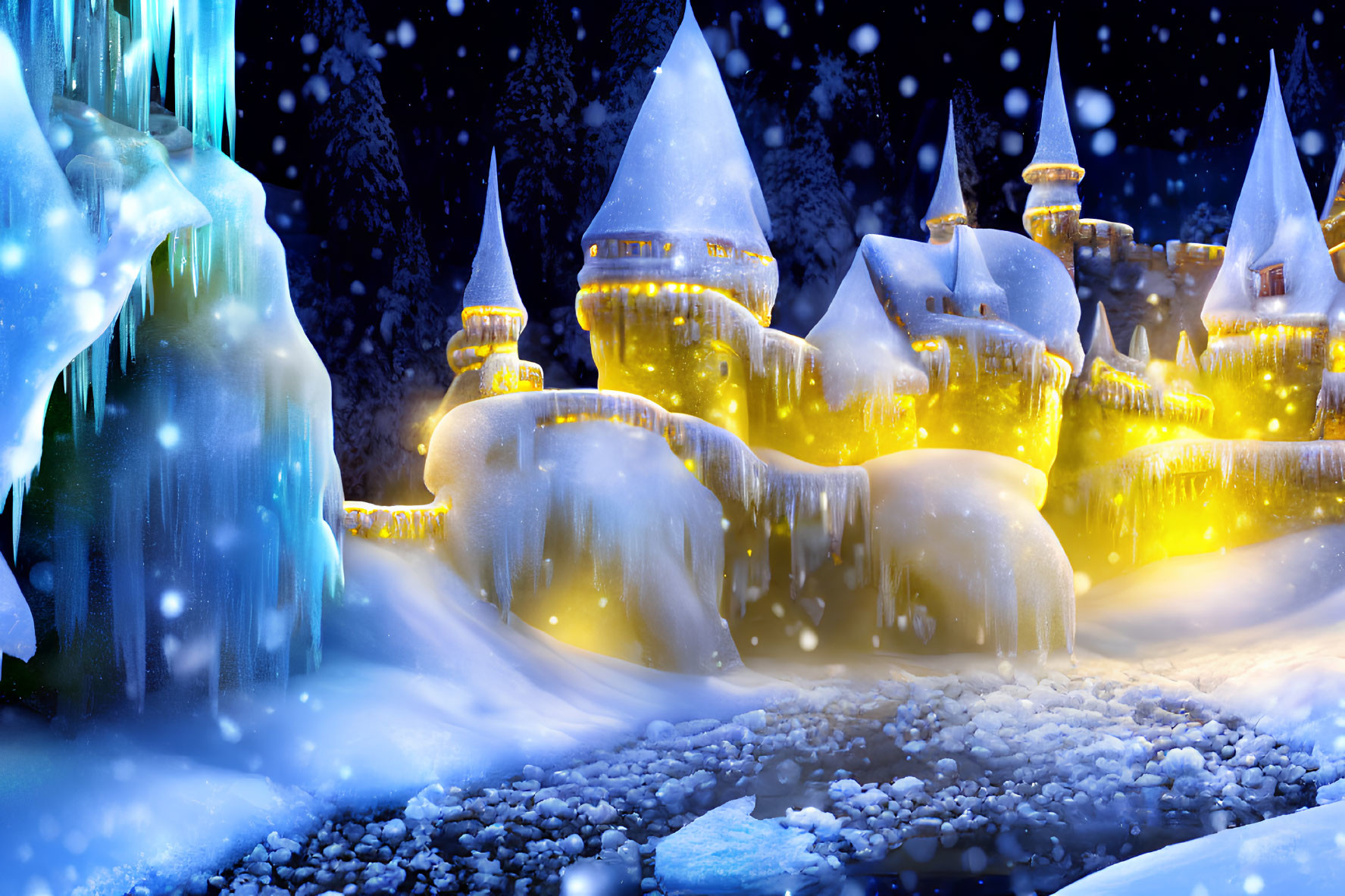 Enchanting Winter Scene: Fairy-Tale Buildings in Snowy Night Landscape