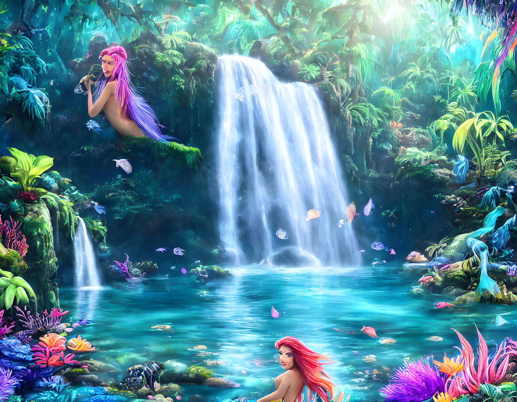 Fantasy scene with two mermaids, waterfall, lush flora & butterflies