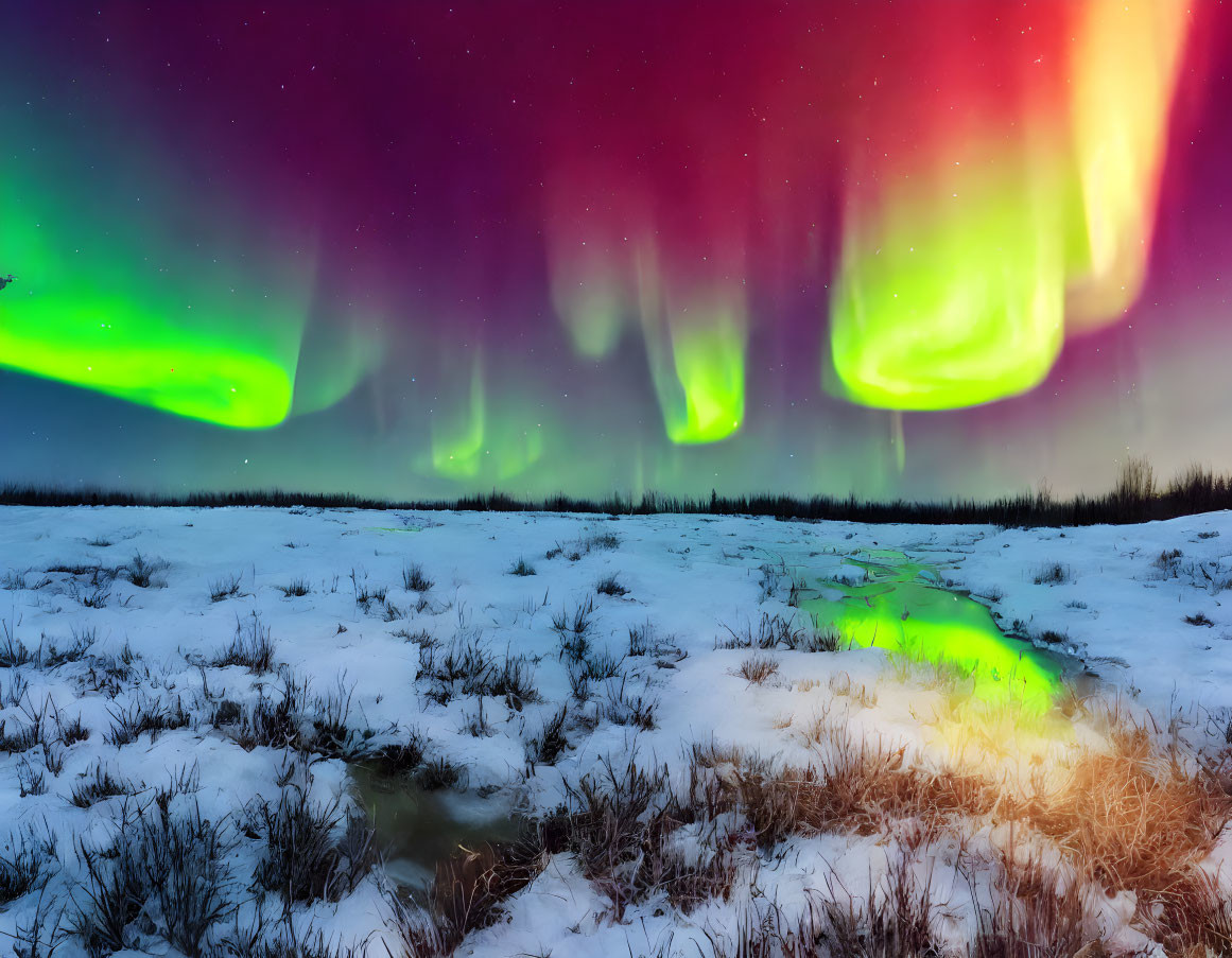 Stunning Aurora Borealis Over Snowy Night Sky