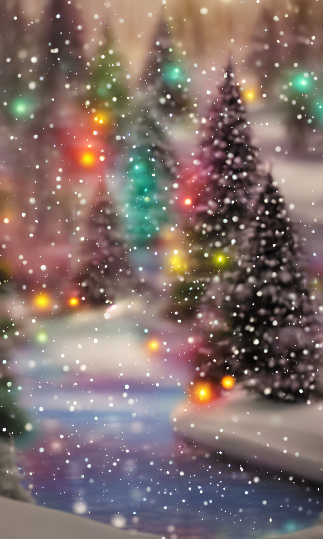 Snow-covered pine trees with blurred Christmas lights