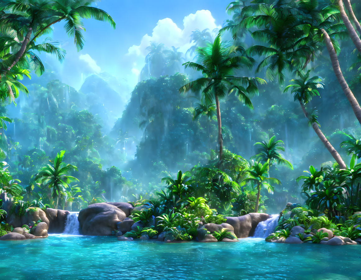 Tranquil tropical landscape: blue river, lush greenery, misty mountains