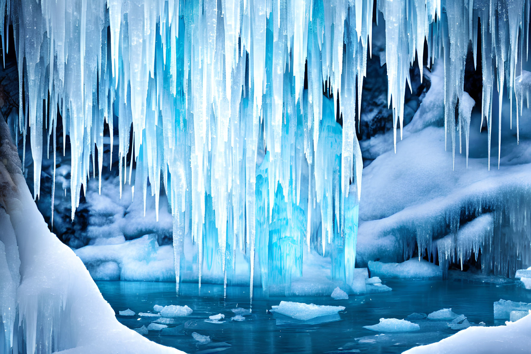 Frozen ice cave with blue icicles, snow, and floating ice chunks.