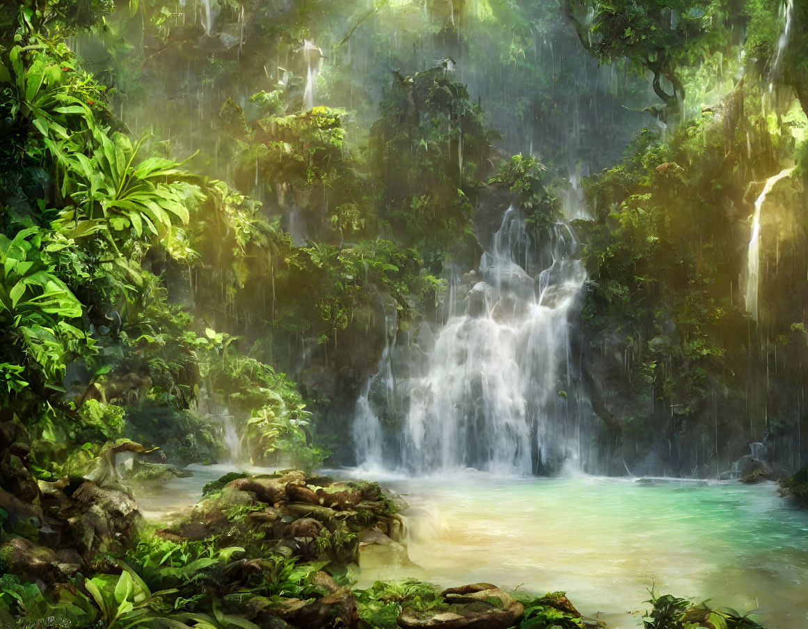 Tranquil Tropical Waterfall in Lush Greenery