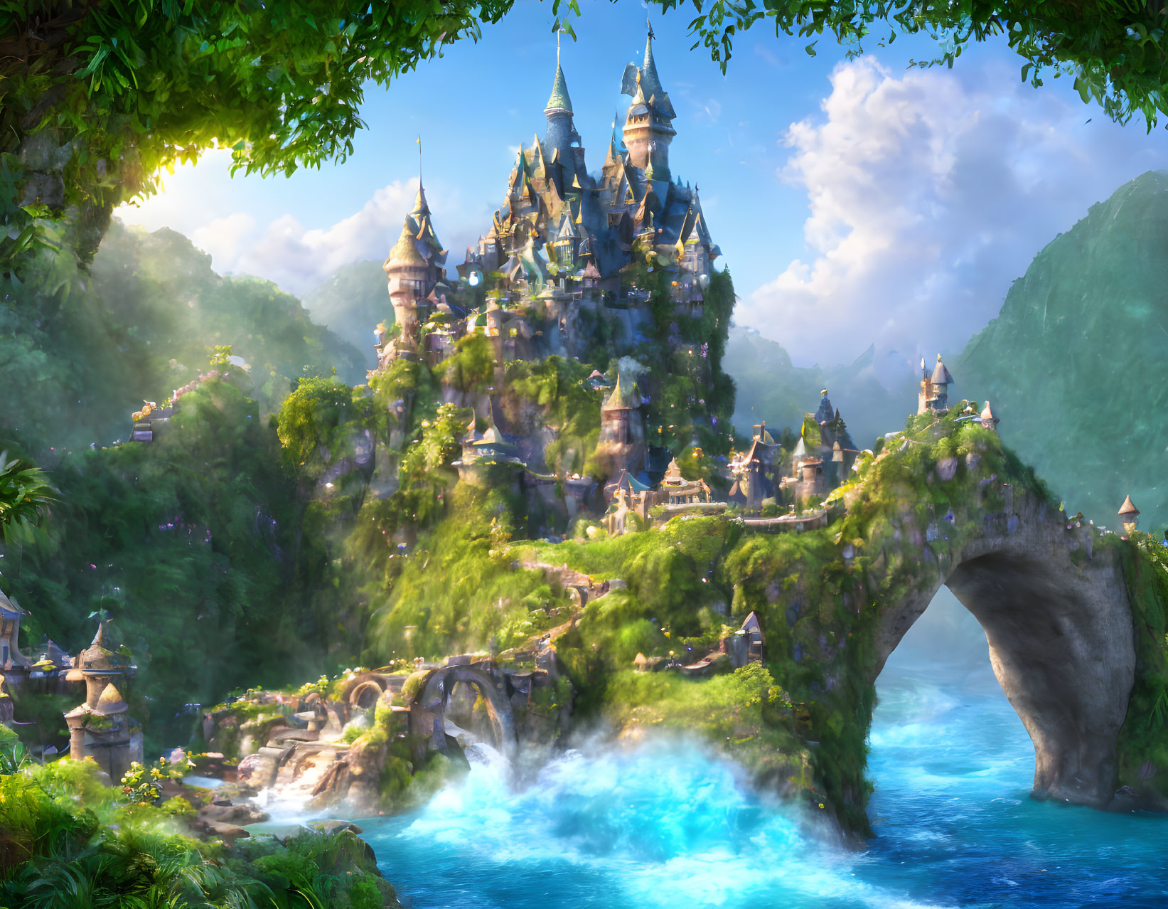 Majestic fantasy castle on lush hill with waterfalls and stone bridge