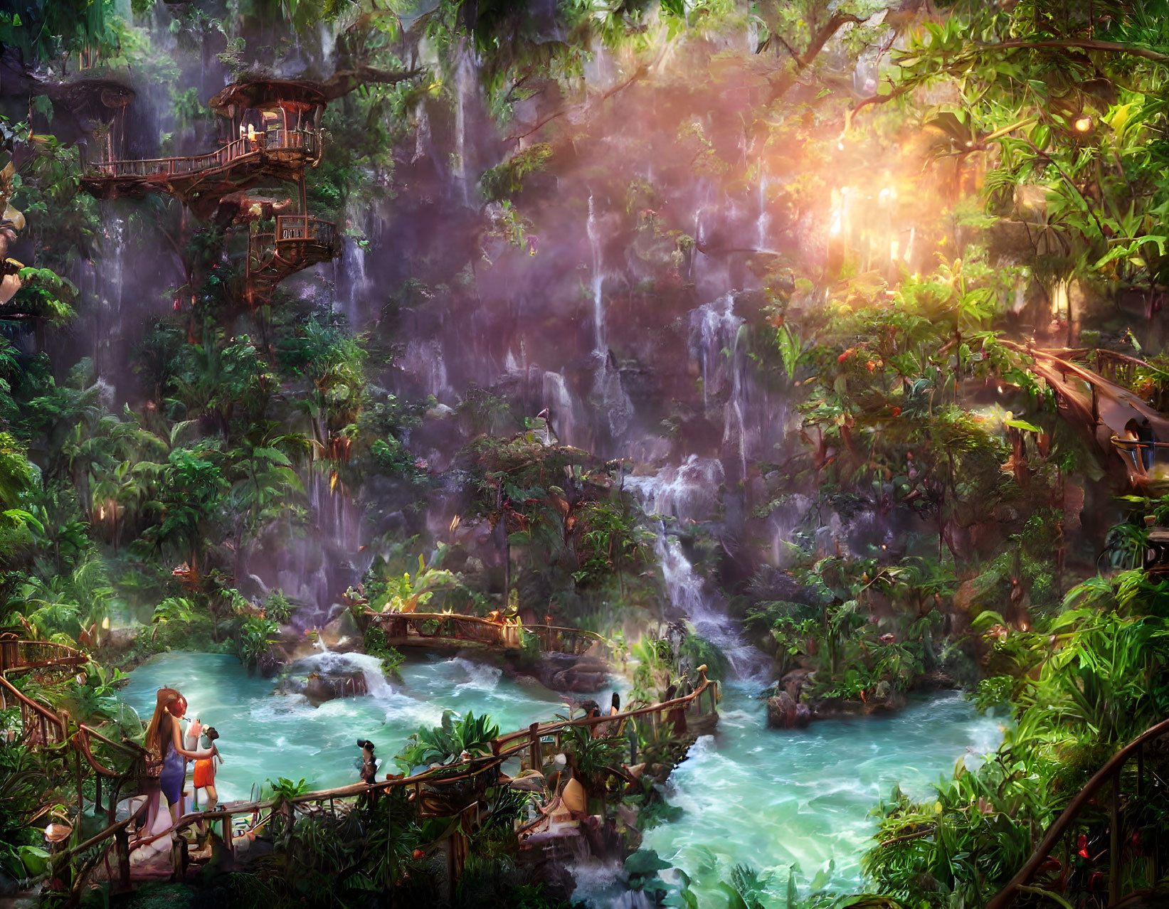 Tropical jungle scene with waterfalls, river, bridges, treehouses, and figures in golden sunlight